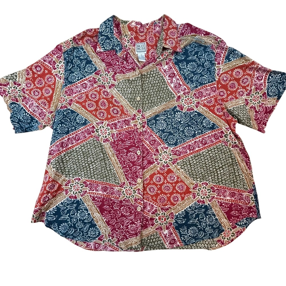 Russ Sport Signature Womens 3X Patchwork Floral Cotton Button Up Shirt Red Blue